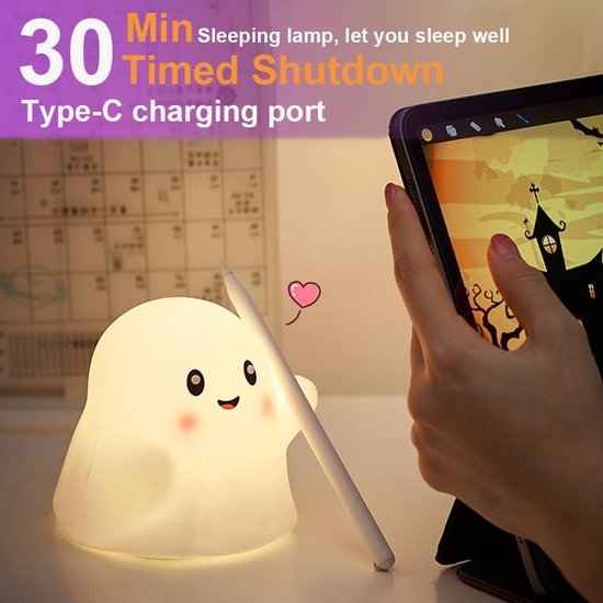Halloween decoratie-nachtlampje volwassenen-nachtlampje kinderen-Nachtlampje in de vorm van een spook voor kinderen - Nachtlampje in de vorm van een siliconen kinderkamer met 13 interactieve geluidseffecten - Wit spookje - 11,5 x 11,5 x 10,5 cm van Merkloos — afbeelding 5