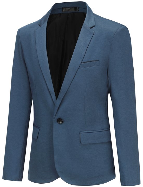 Blauwe blazer met één knoop, openvallende revers en twee steekzakken.