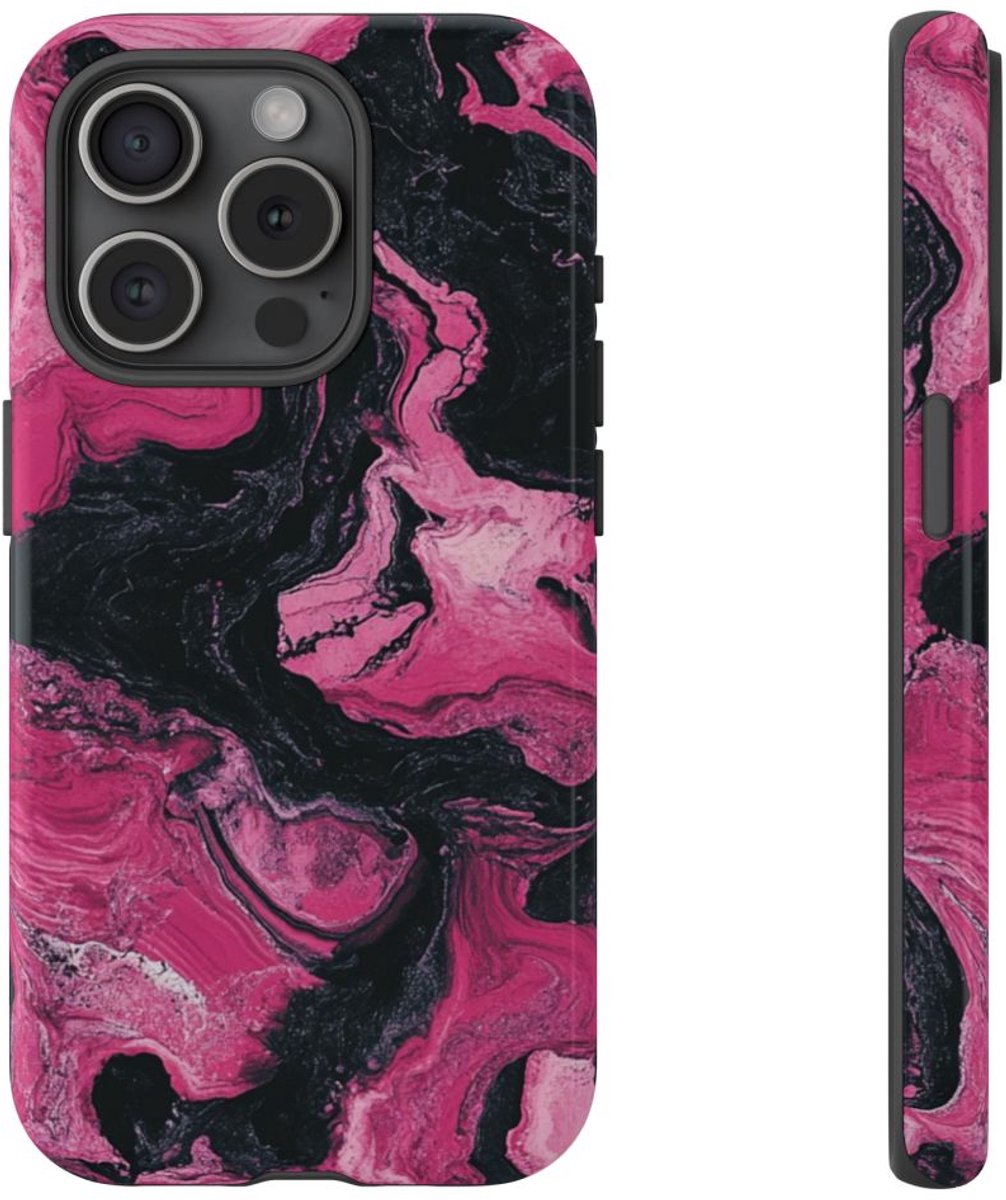 Roze en Zwarte Marmer Abstracte Textuur – Telefoonhoesje Geschikt voor iPhone 15 Pro
