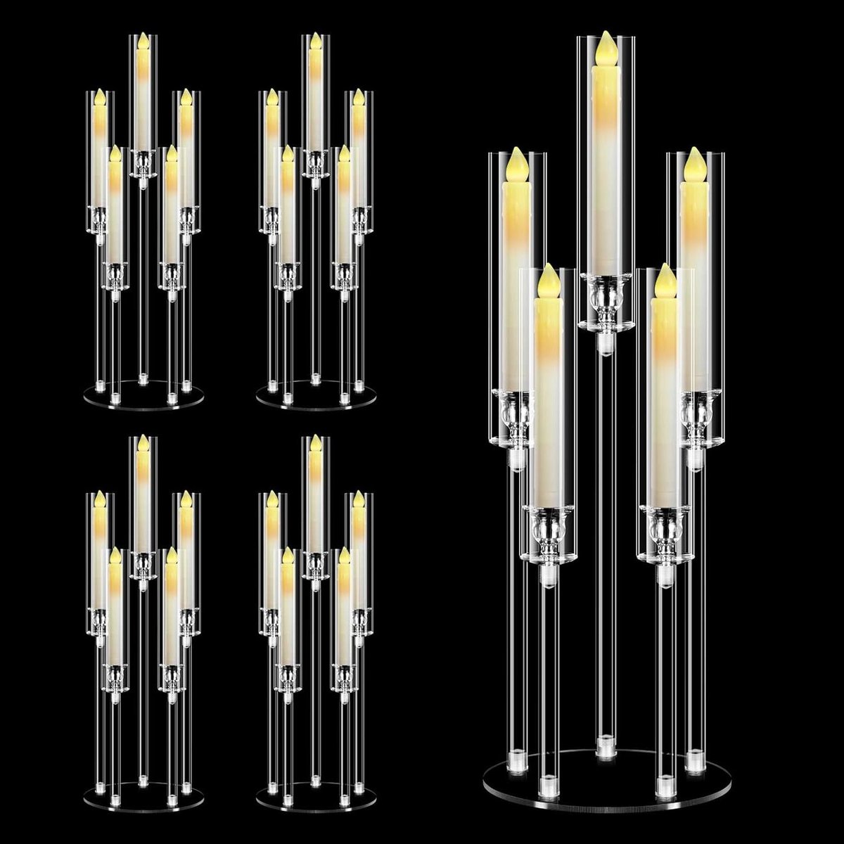 Allecto plus - Kandelaar met 5 armen transparant, 68 cm hoog voor kerstdecoratie en tafeldecoratie - geschikt voor 22 cm led-kaarsen - 4 sets