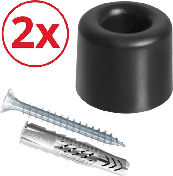 Een zwarte deurstopper met 2x opschrift, met een schroef en Fischer plug.