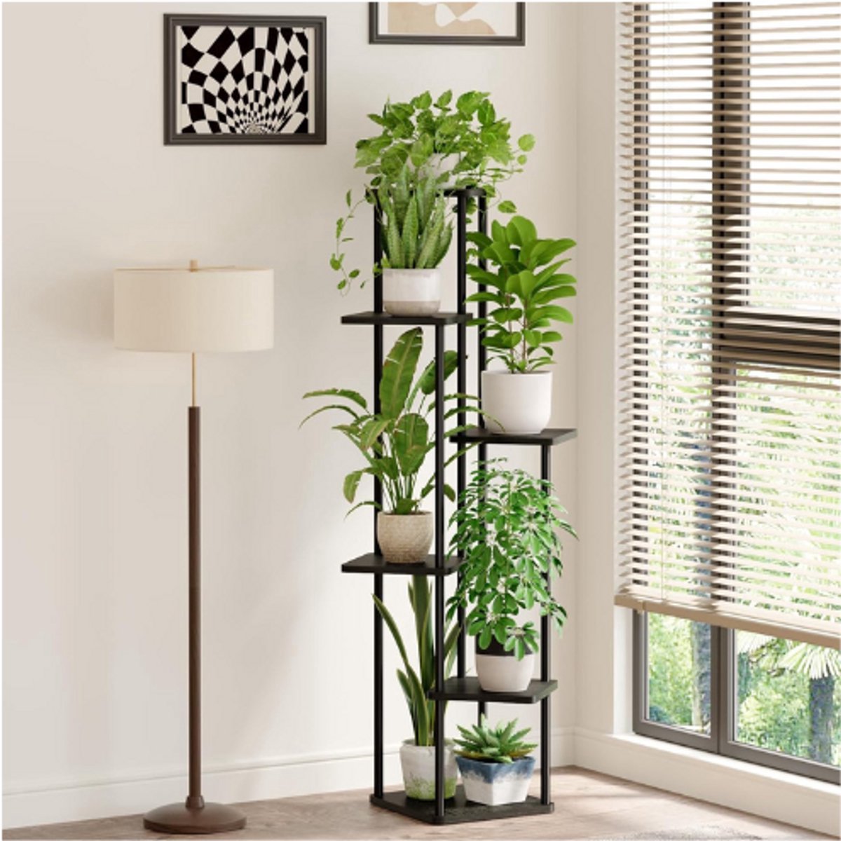 Thuys – Plantenstandaard 6 – Laags Zwart – Metalen Bloemenrek – Voor Binnen – Gelaagde Hoekstandaard – Zwart