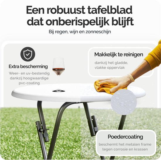 Table blanche avec des gouttes d'eau, illustrant la résistance à l'eau. Une main gantée de jaune nettoie le plateau.