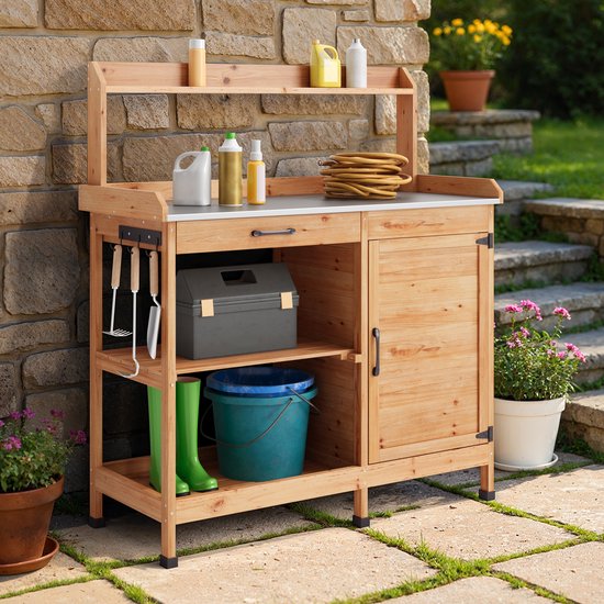 Bealife CC51 Table de travail de jardin pour plantes, table de jardin pour plantes avec banc de plantation, 111,6 x 46,5 x 125 cm, Naturel