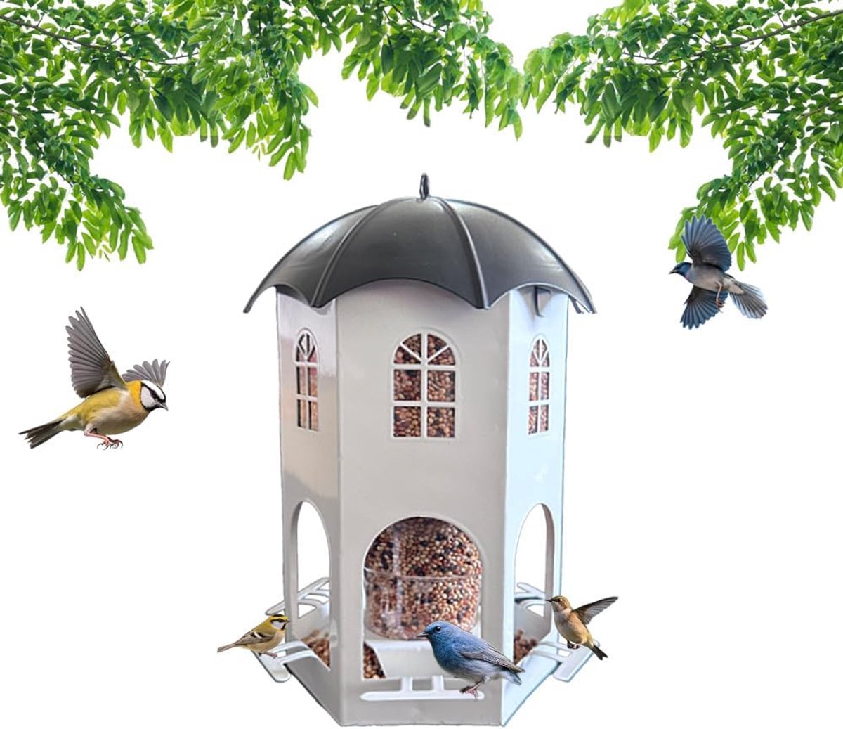 Outdoor opgehangen metalen vogel voeder, wilde vogel voeder met 5 poorten, anti-eekhoorn, tuin tuin outdoor decoratie voeder, grote zaadcapaciteit voeder, waterdicht ontwerp vogel voeder voeder (wit)