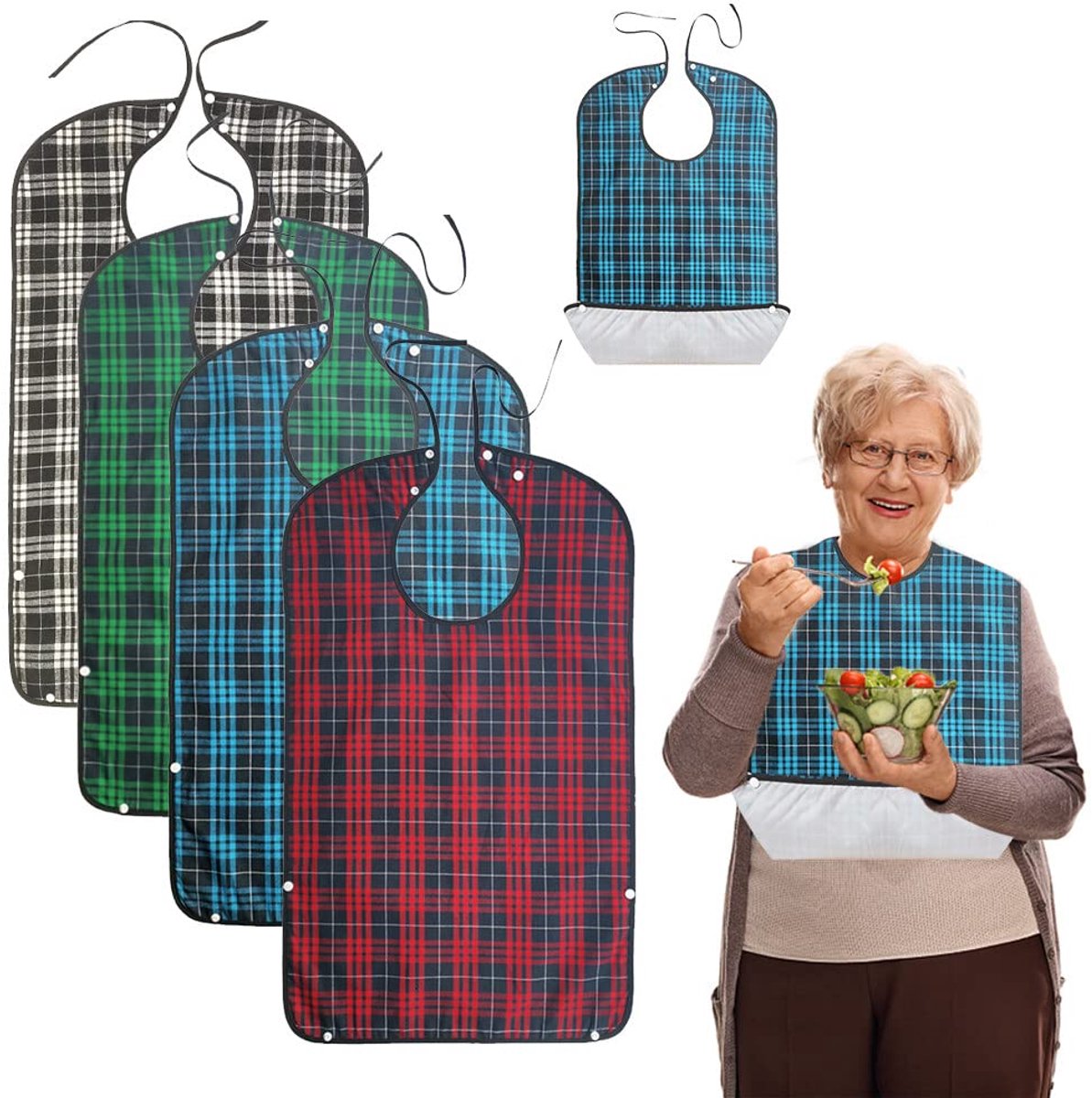 Set van 4 Slabbetjes voor Volwassenen - Waterdicht - Met Drukknoopsluiting - Voor Maaltijdbescherming - Voor Ouderen en Mensen met een Beperking
