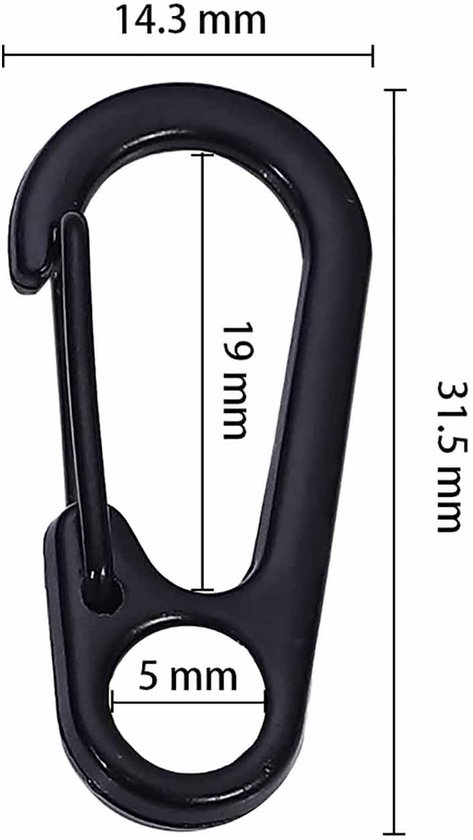 Zwarte karabijnhaak met afmetingen: breedte 14.3 mm, hoogte 31.5 mm, ringdiameter 5 mm, binnenhoogte 19 mm.