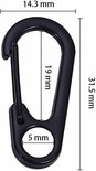 Zwarte karabijnhaak met afmetingen: breedte 14.3 mm, hoogte 31.5 mm, ringdiameter 5 mm, binnenhoogte 19 mm.