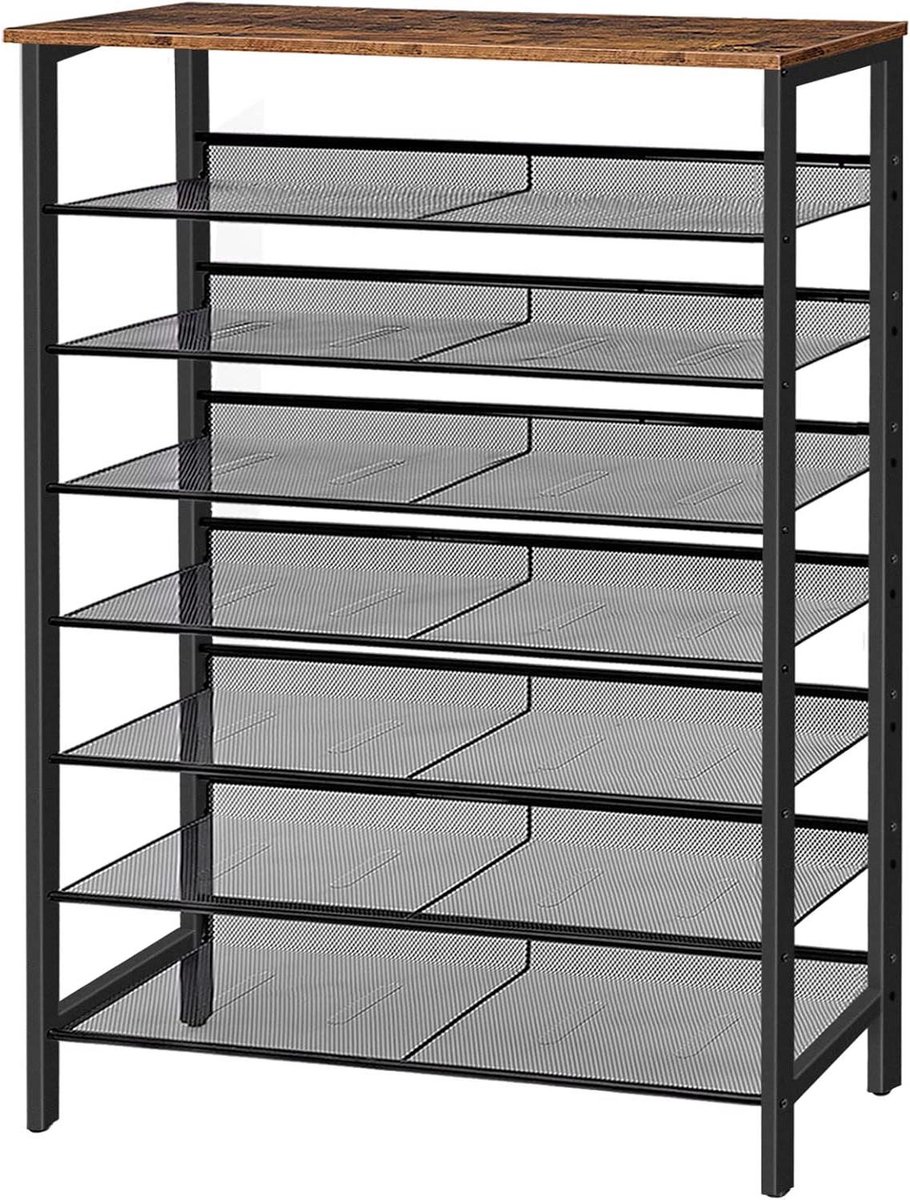 Allecto Plus Schoenenrek met 8 niveaus | Vintage bruin-zwart | Metaal | Voor entree hal | Platte en kantelbare roosterplanken | 100 x 30 x 137 cm | Tot 40 paar schoenen Any