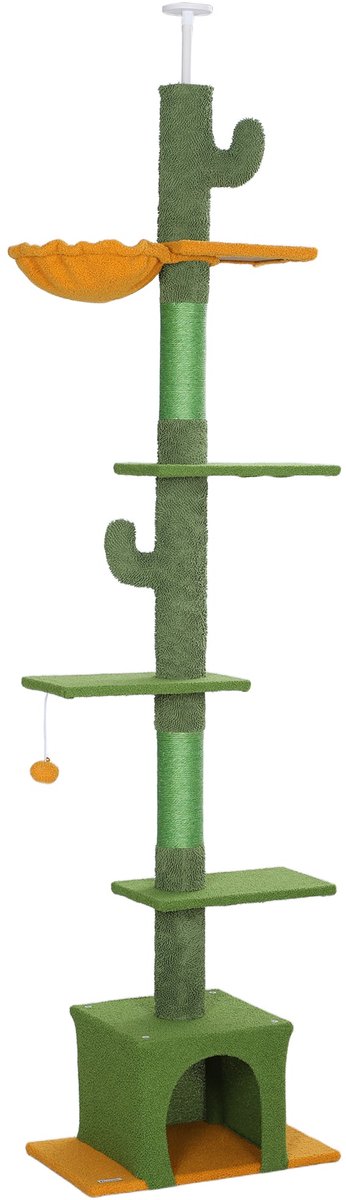 Merax Krabpaal Plafondhoog 230 tot 275 cm Groen met Kattenhuis Hanggedeelte Speelbal en Sisalpalen voor Katten tot 5 kg