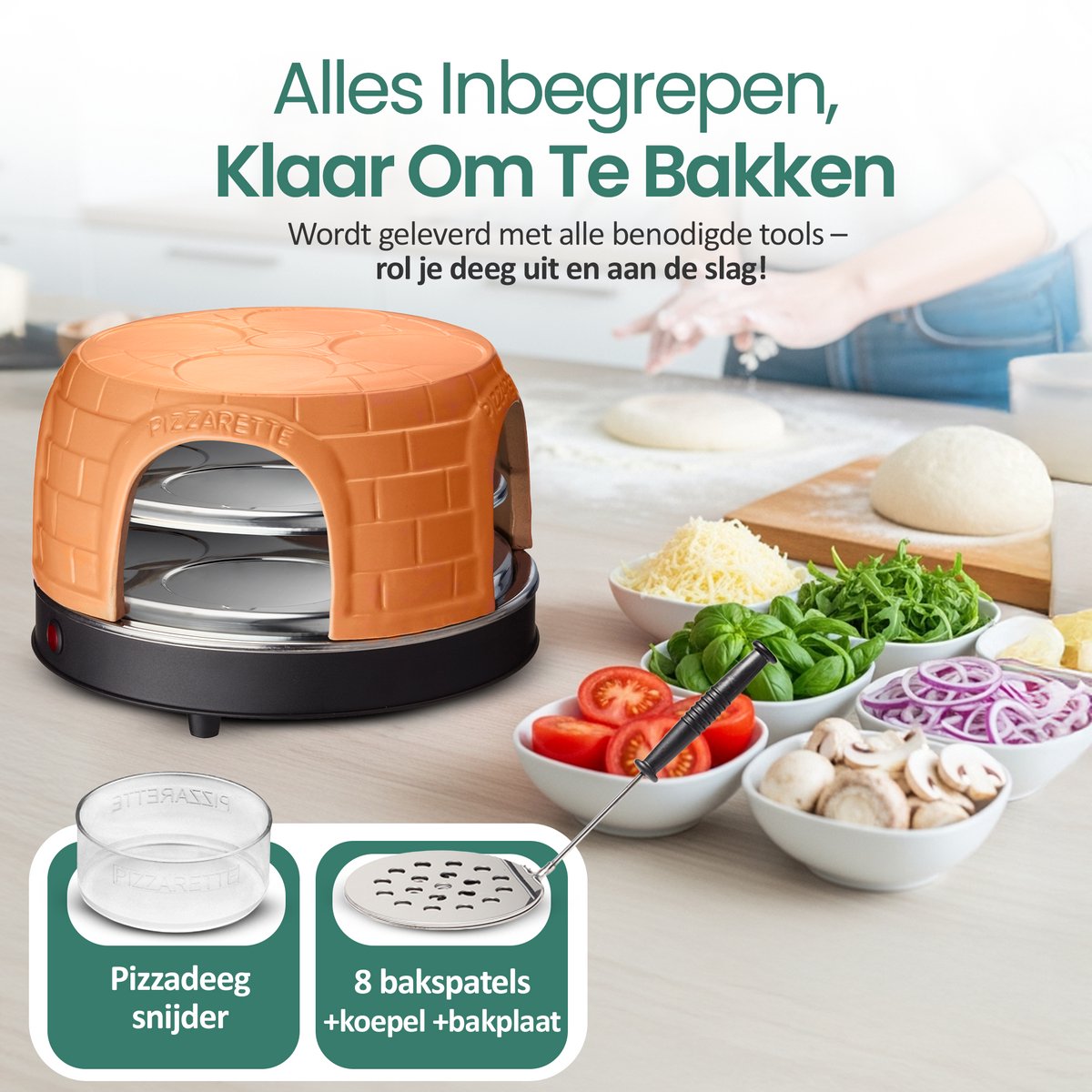 Emerio Pizzarette Origineel - 8 Persoons Pizza Oven - Handgemaakte Terracotta Koepel - 8 Geïsoleerde Bakspatels - RVS Bakplaat - Gourmetstel - PO-116124.1 1500W – foto 4