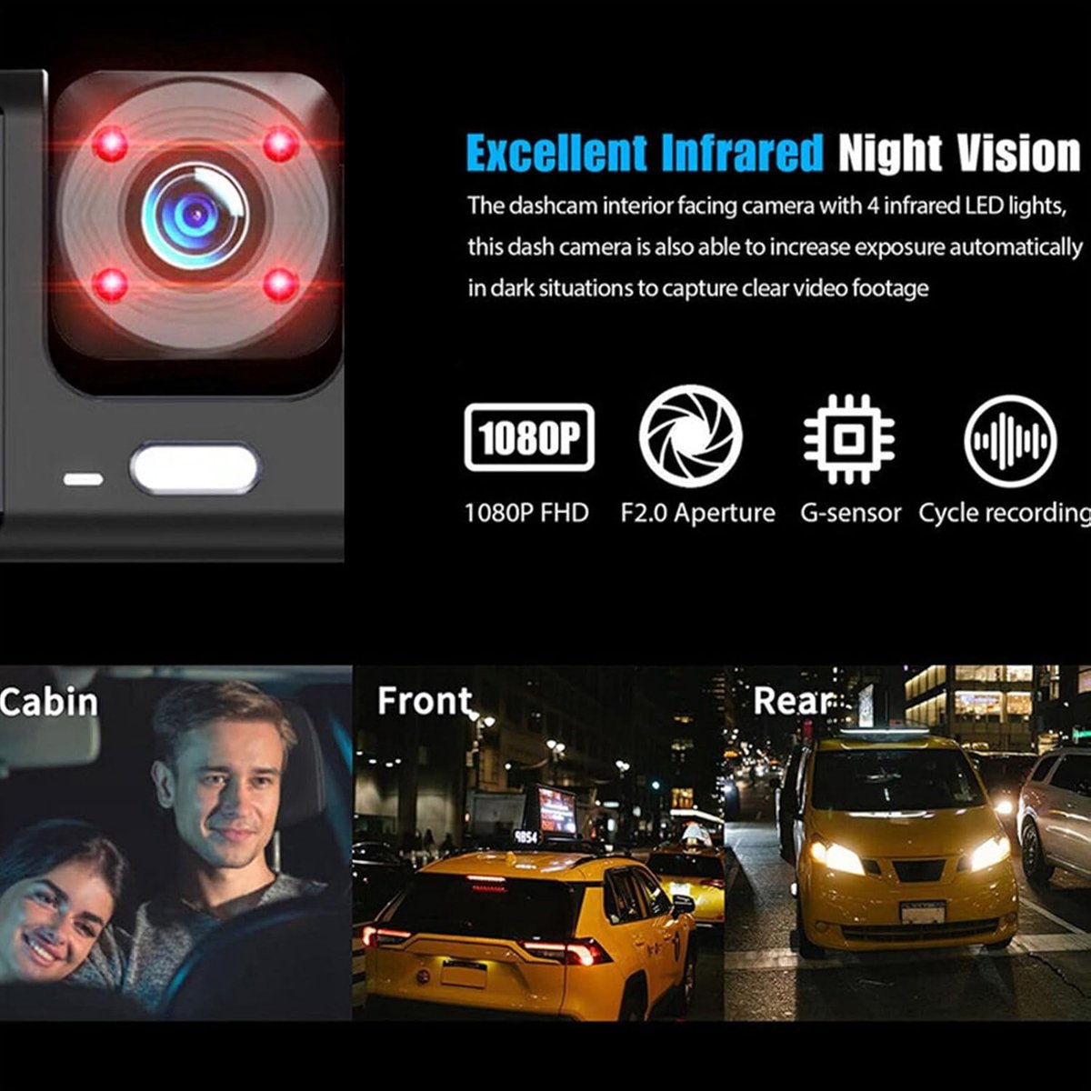 Dashcam - Automonitorcamera - 1080p dubbele lens - HD-videorecorder, groothoekweergave - naadloze loop-opname - voor rijveiligheid, parkeerveiligheid en roadtrips – foto 3