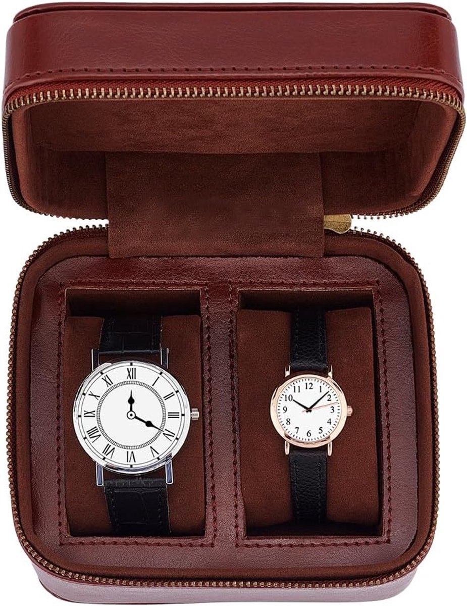 Leren Horloge Case voor Mannen - Bruin Horloge Reistasje - Horloge Draagtas - Horloge Organizer - Horloge Display Case - Dubbele Horloge Opslag Case met Rits voor Vrouwen Horloges