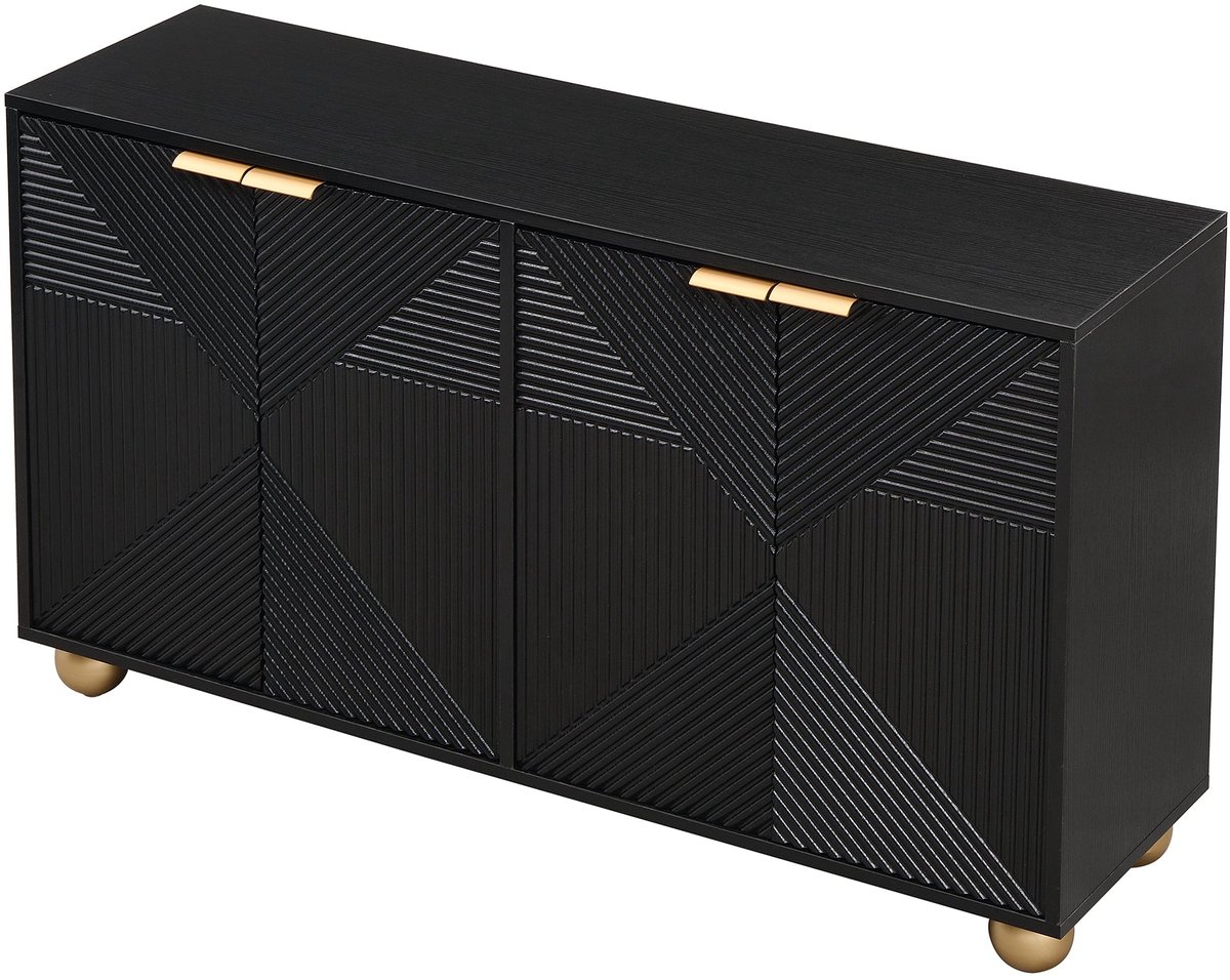 Merax Zwarte Opbergkast 120 cm – Dressoir met 4 Deuren Gouden Handgrepen Verstelbare Planken en Ronde Poten – Moderne Kast