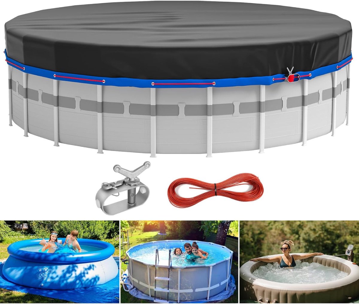 Ronde zwembadafdekking - Diameter: 376 cm - voor bovengrondse zwembaden - UV-bescherming - met grondnagels - Waterdicht en stofdicht - Zwart