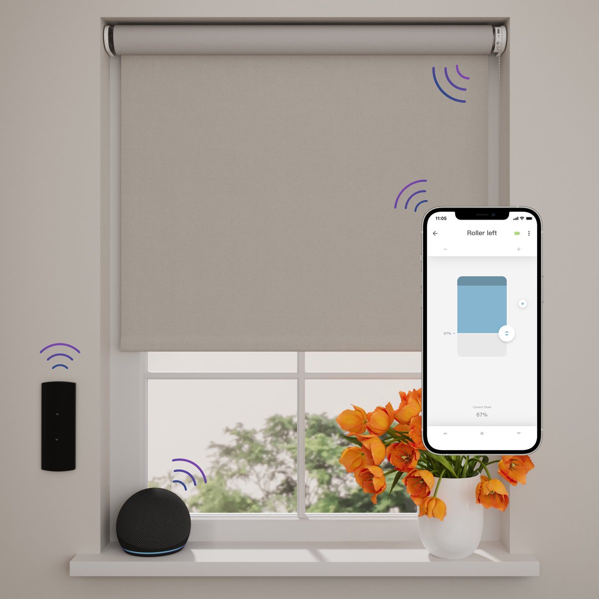 DTCH Elektrisch Rolgordijn Verduisterend - Easy Velvet - dim-out - Light Grey - 100 x 190 cm - Motionblinds CMD-02-P