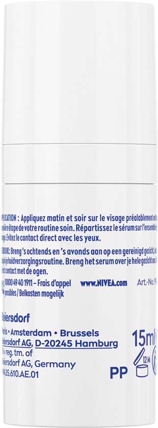 Achterkant van een NIVEA Cellular Epigenetics serumflesje met gebruiksaanwijzing en merkdetails in het Nederlands en Frans.
