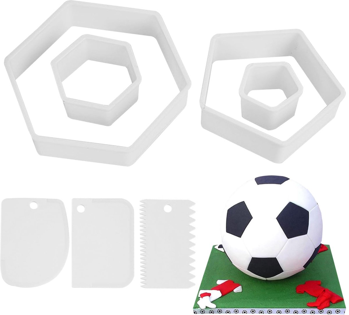 4 stuks voetbalkoekjesvormpjes, 3 stuks taartschrapers, dessertgereedschap met patroon, voetbalkoekjesvormen, taartvormen met voetbalprint, doos met taartvorm (wit)