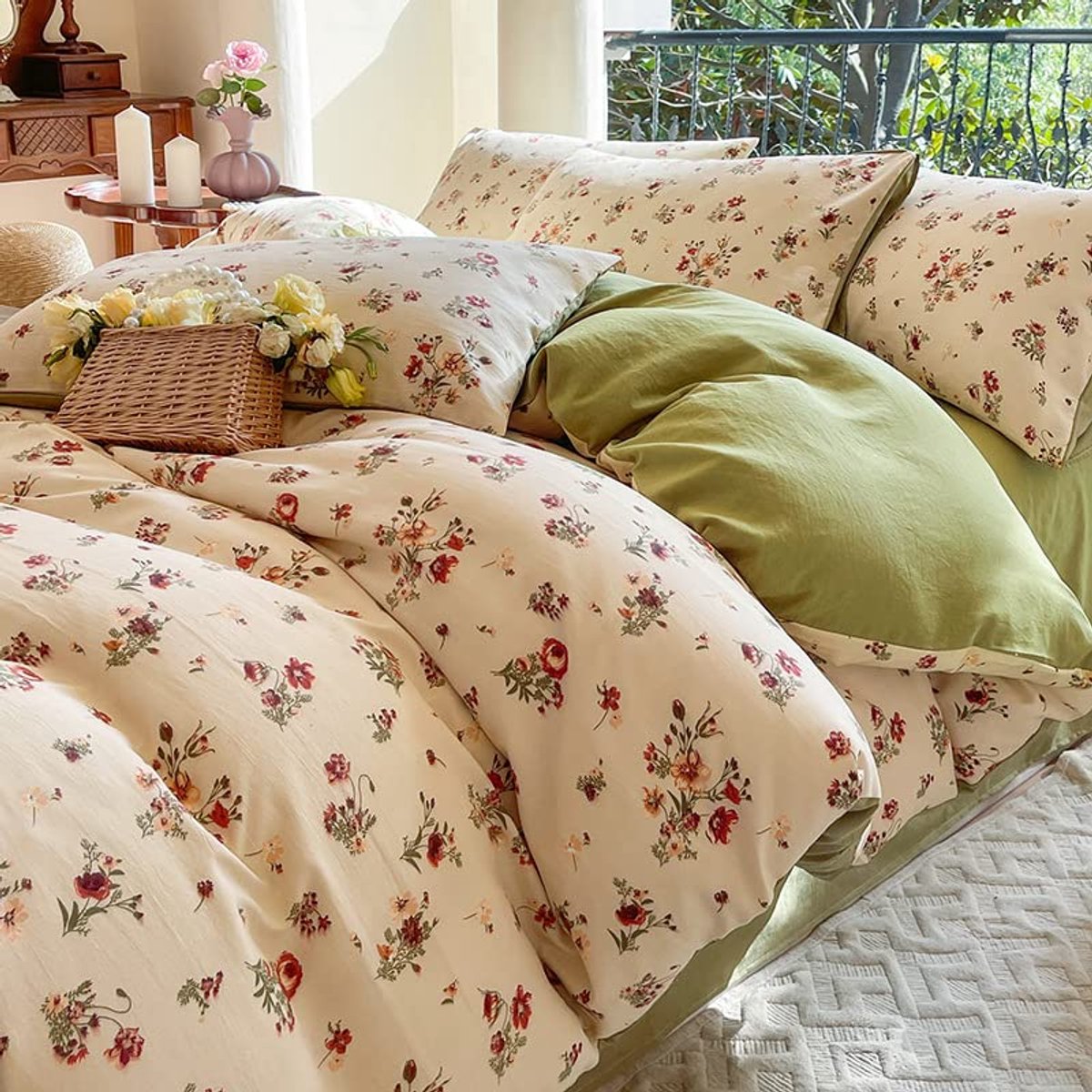 Unyqoos Beddengoedset van microvezel met bloemen- en bladenpatroon in beige voor alle seizoenen vintage bloemen