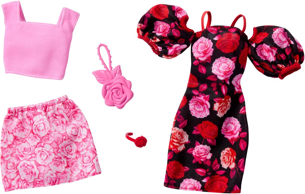 Barbie 2-Pack Kleding Outfit en Accessoires - Bloemenjurk met Roze top en rok