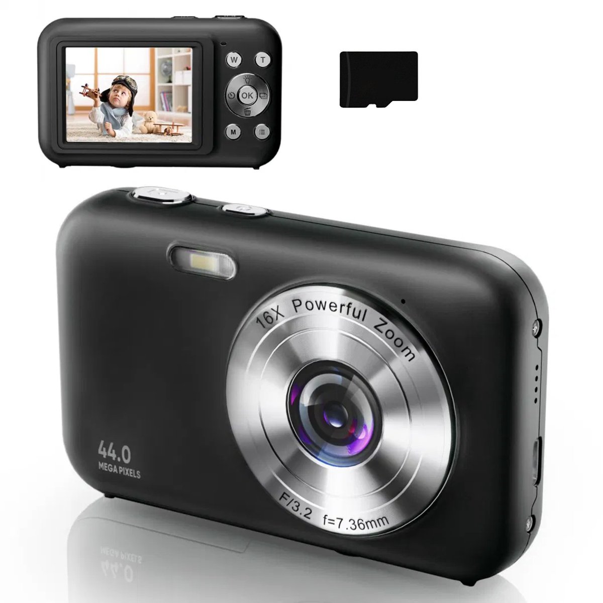 Digitale camera 1080P 44MP 16x zoom 2,4-inch scherm, 32GB kaart