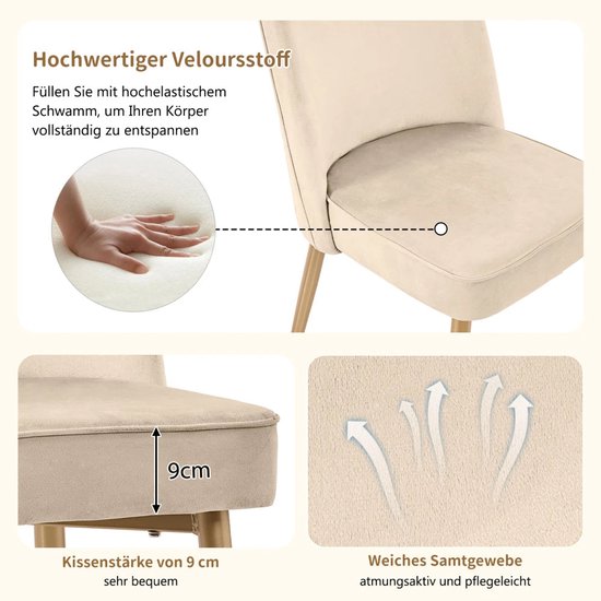 Set van 4 Eetkamerstoel | Eetstoel | Keukenstoel | Eettafelstoelen fluweel crèmekleurig Set van 4 Eetkamerstoel | Eetstoel | Keukenstoel | Eettafelstoelen fluweel crèmekleurig