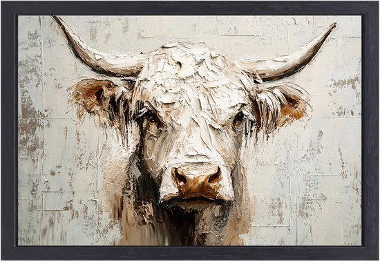Abstracte stier met textuur - Stier canvaskunst - Schilderij op canvas dieren - Expressionisme - Ingelijste wanddecoratie - Wanddecoratie landelijk - Canvas met baklijst 150x100 cm
