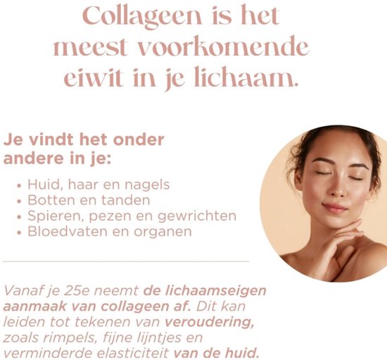 Tekst 'Collageen is het meest voorkomende eiwit' en een foto van een vrouw.
