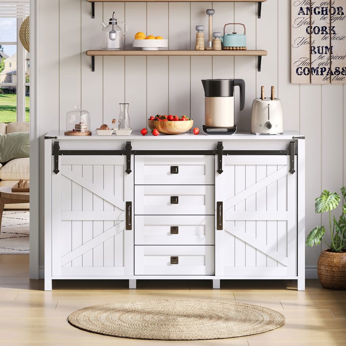 Pugsdrly Buffetkast met opbergruimte, 137 cm brede zijkast met schuifdeuren en 4 lades, vintage buffetkast, geschikt voor de keuken, eetkamer en woonkamer, wit.