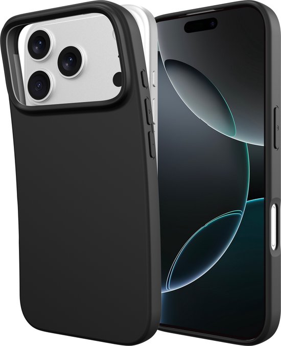 Zwart iPhone-hoesje met verhoogde randen naast een iPhone.