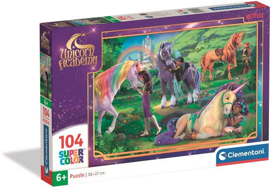Boîte d'un puzzle Clementoni Unicorn Academy de 104 pièces, 38x27 cm.