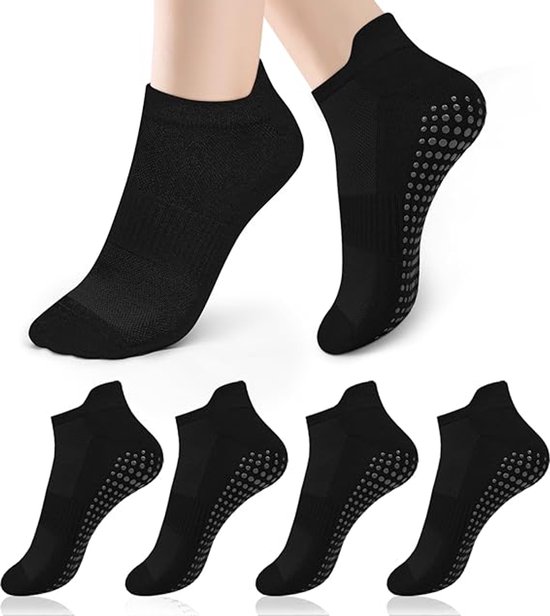 4 paar - Sokken - Pilatessokken - Yogasokken - Antislipsokken - Pilates antislipsokken - Dames antislipsokken - antislip yogasokken - vloersokken voor thuis - voor Pilates, trampoline, fitness, ballet - zwart