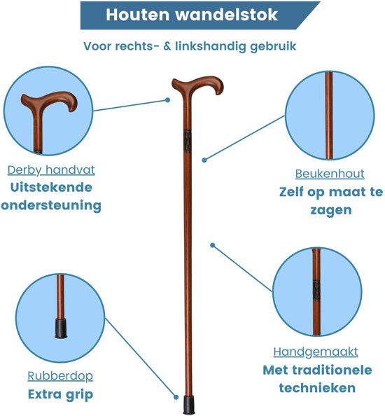 Bruine houten wandelstok met Derby handvat voor extra ondersteuning, beukenhout, handgemaakt, rubberen dop voor extra grip.