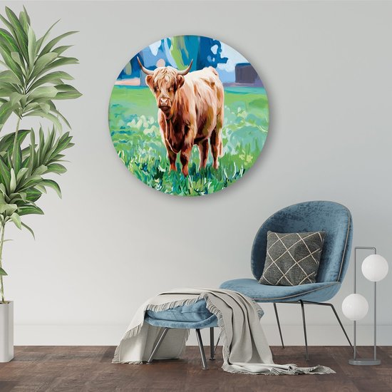 Schotse hooglander in weide - Hooglander muurcirkel - Wandschalen koe - Digital Art - Forex design muurcirkel - Kunst voor landelijke interieurs - muurcirkel forex 60x60 cm