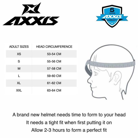 Maattabel voor AXXIS helmen met afbeelding van hoofdmaten en pasinstructies.