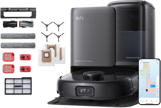 eufy Robotstofzuiger Omni E25 met Vervangingssets, HydroJet dweilsysteem, 20.000 Pa zuigkracht, DuoSpiral borstels die ontklitten, CornerRover arm voor het schoonmaken van hoeken, alles-in-één station
