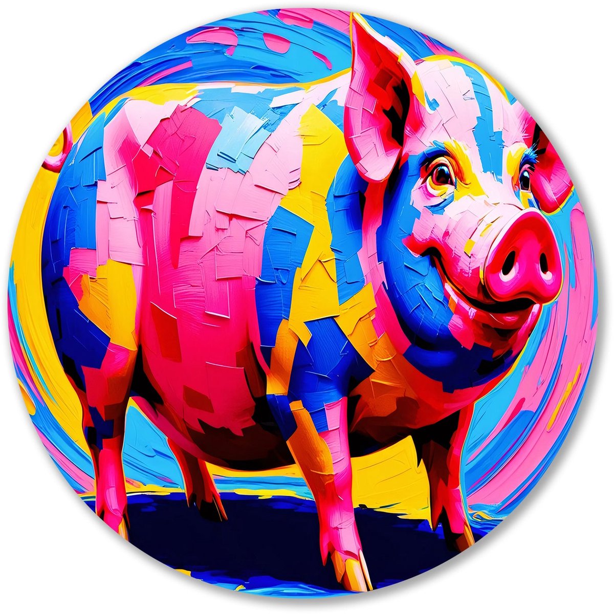Kleurrijk abstract kunstvarken - Varken rond schilderij - Wandobject rond dieren - Pop Art - Forex - Woondecoratie ideeën - muurcirkel forex 70x70 cm