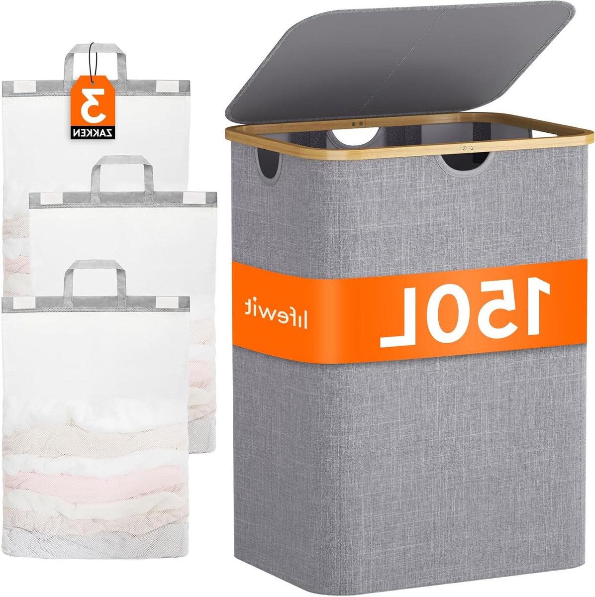 Laundry Basket with Lid 3 Sections Large - Bamboo Handles and Removable Laundry Bags - for Bedroom Bathroom Dormitory Laundry Room - 150L - Light Gray