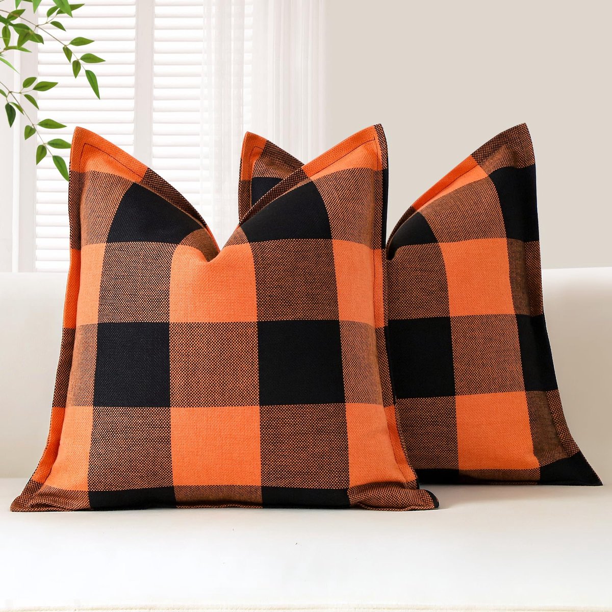 Ibenzoa Set van 2 Buffalo Geruite Kussenslopen, Decoratief Sierkussen Overtrek 60x60 cm Zwartoranje
