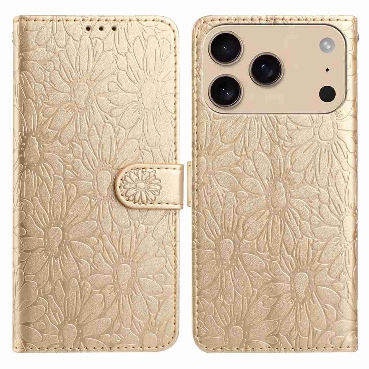 Mobigear Telefoonhoesje geschikt voor Apple iPhone 17 Pro Max Hoesje | Mobigear Flowers Bookcase Portemonnee | Pasjeshouder voor 3 Pasjes | Telefoonhoesje voor Pinpas / OV Kaart / Rijbewijs - Goud