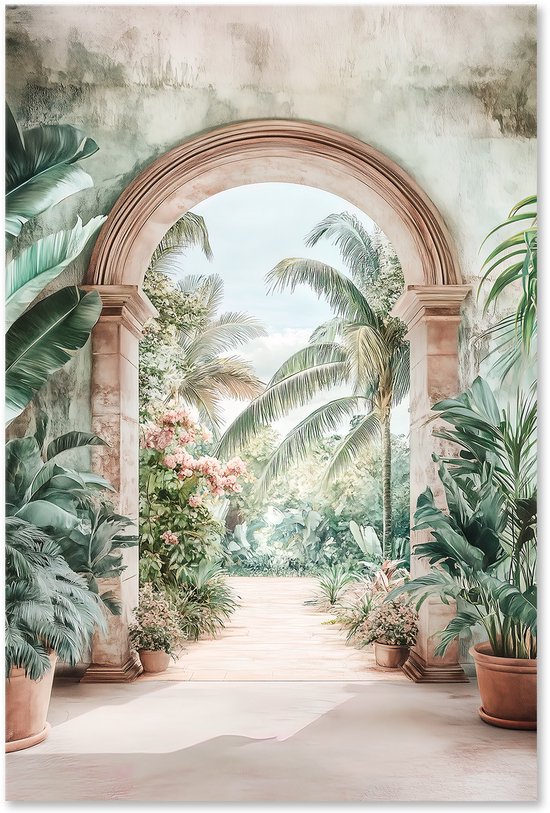 Graphic Message - Tuin Schilderij op Outdoor Canvas - Poort met Palmen - Buiten Wanddecoratie - Tuindecoratie - Muurdecoratie - Houten Frame - Ibiza Decoratie - Planten - 80x120