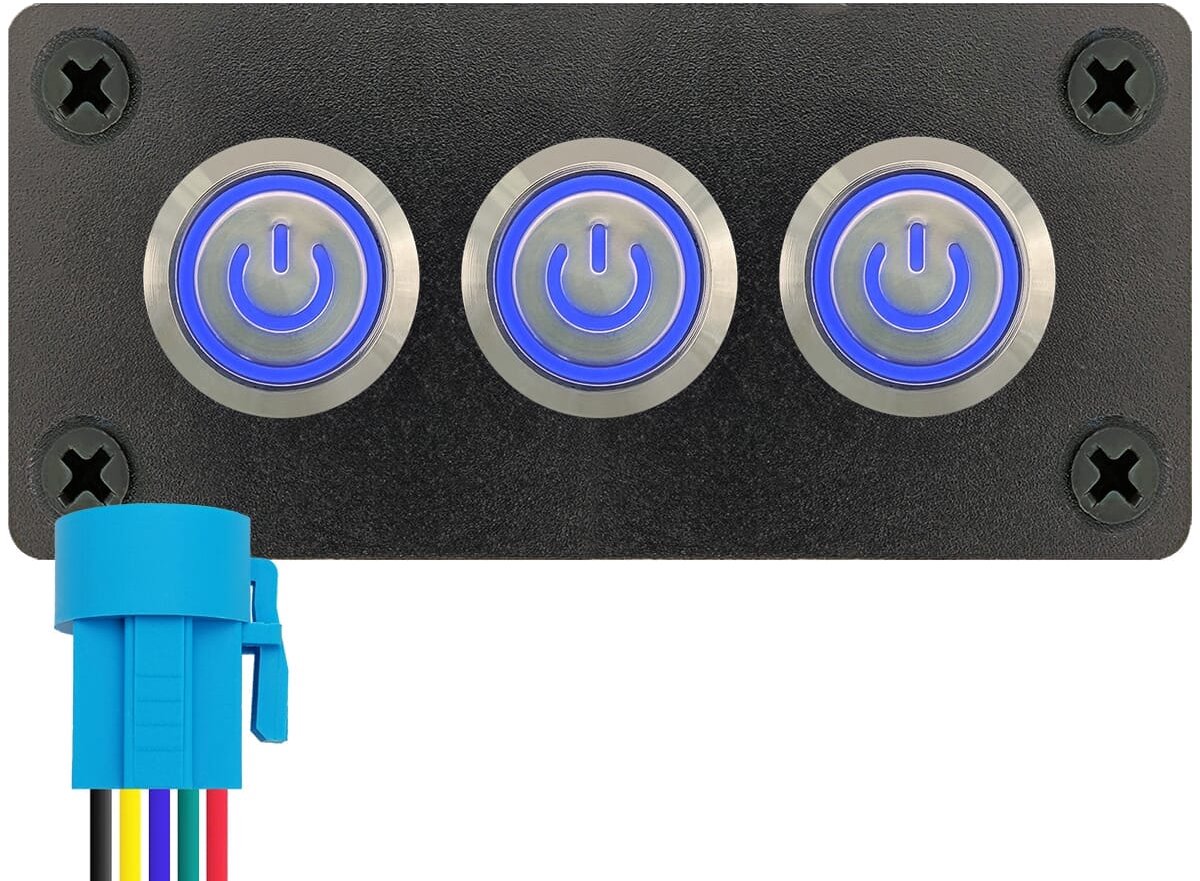 ProRide Metalen Pulsschakelaar 12-24V OFF-(ON) - Drievoudig Inbouwpaneel - 16mm - IP67 - LED indicatie Blauw