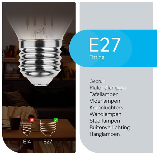 E27 fitting lamp met een glazen kap. Links een kleine E14 fitting, rechts de grotere E27 fitting.