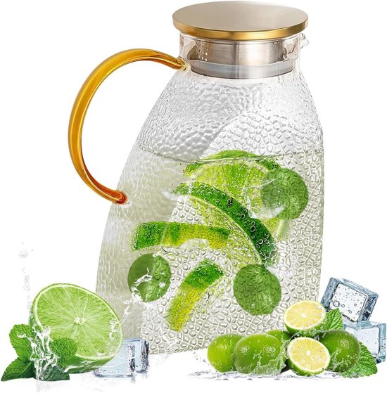 Yirilan Glazen waterkruik, glazen kan met deksel 70 oz/2.2L waterkan met deksel handvat, sapkruik, karaf