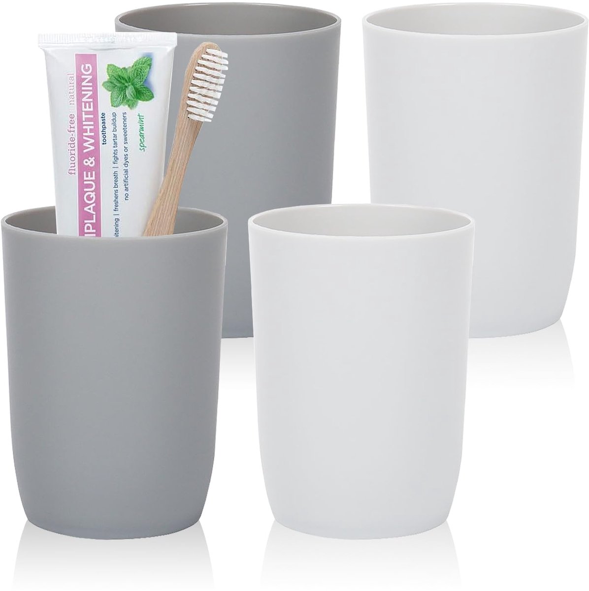 Ibenzoa® Stapelbare Draagbare Kunststof Tandenborstelbeker Set van 4 (280ml), Grijs & Wit
