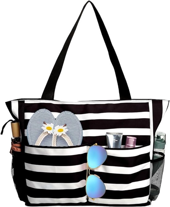 Sac de plage zippé pour femme - Sac de plage polyvalent de grande capacité - 8 compartiments - Sac pliable et portable - Sac étanche - Cadeau pour femme - Sac étanche pour la plage, les voyages, la piscine et la salle de sport - Zwart