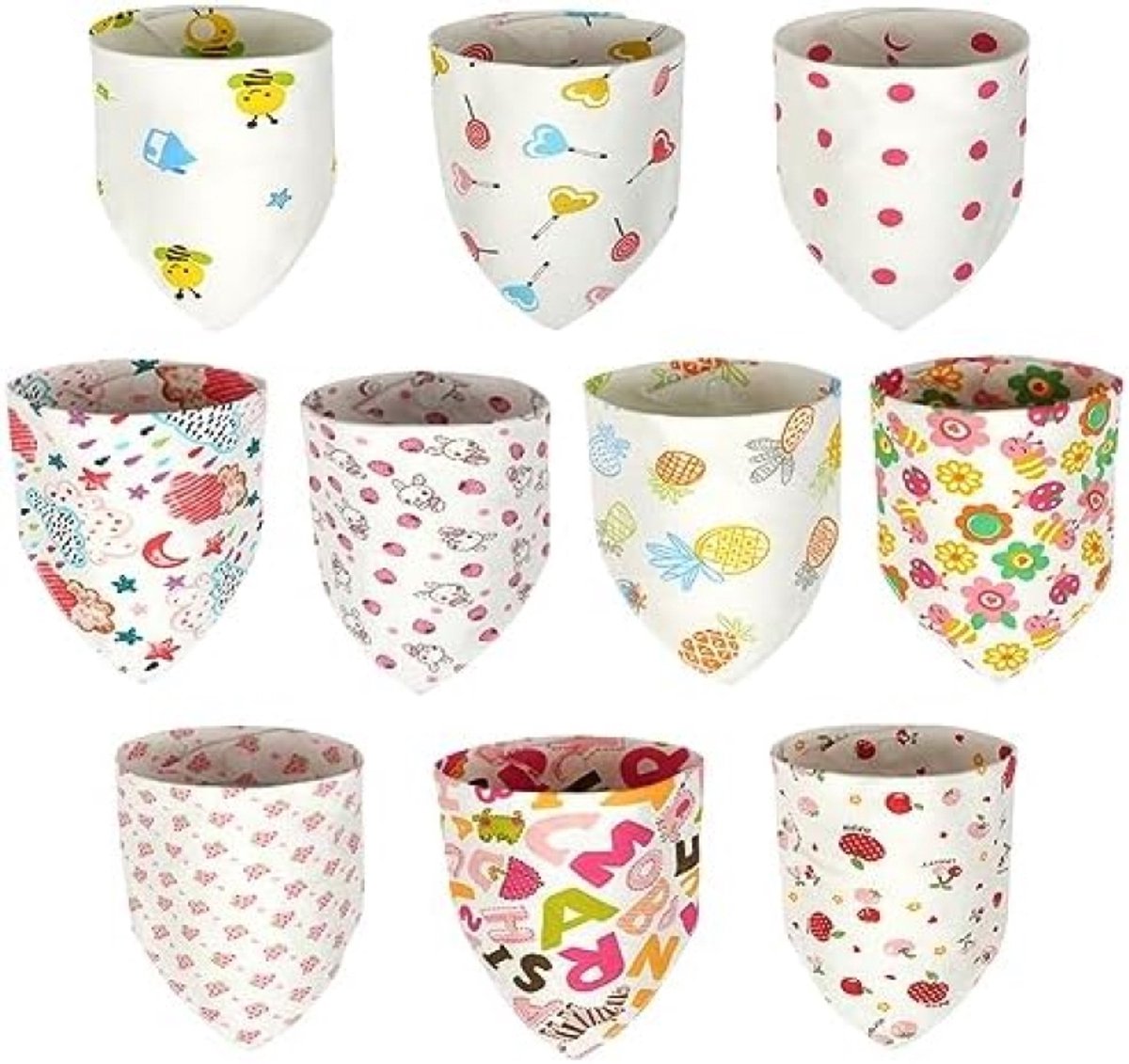 Image of 10 stuks Driehoekige Babyslabbetjes van 100% Biologisch Katoen, Super Absorberend en Zacht, Verstelbare Drukknoppen, Geschikt voor Baby Jongens en Meisjes