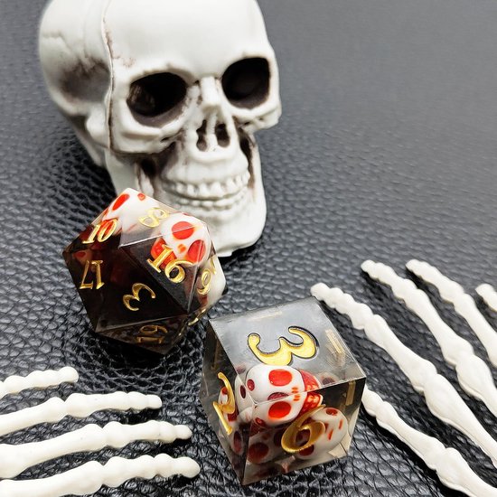 Ensemble de dés Joya Kids® Dungeons and Dragons | Set de Dés DnD Polydice | Ensemble de dés D&D | Ensemble de 7 pièces en résine | Coffre de rangement de Luxe inclus | Crâne Zwart avec rouge | Crâne