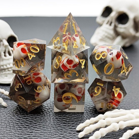 Ensemble de dés Joya Kids® Dungeons and Dragons | Set de Dés DnD Polydice | Ensemble de dés D&D | Ensemble de 7 pièces en résine | Coffre de rangement de Luxe inclus | Crâne Zwart avec rouge | Crâne