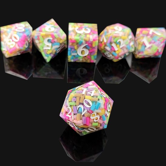 Ensemble de dés Joya Kids® Dungeons and Dragons | Set de Dés DnD Polydice | Ensemble de dés D&D | Ensemble de 7 pièces en résine | Coffre de rangement de Luxe inclus | Friandises colorés | Sprinkles